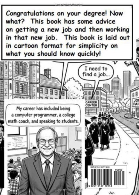 Back cover of the book, describing it as advice on getting a new job laid out in cartoon format, with an illustrated portrait of author Don Pieta.