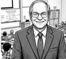 Illustrated portrait of author Don Pieta smiling in front of a classroom.