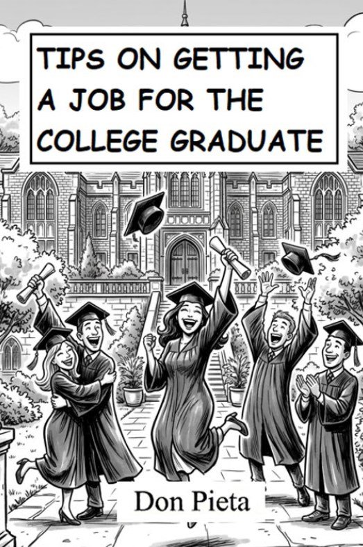 Front cover of Tips on Getting a Job for the College Graduate by Don Pieta, showing graduates in caps and gowns celebrating outside a university building.