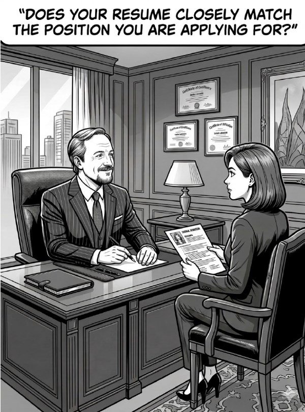 Cartoon panel showing a hiring manager asking a job candidate whether her resume closely matches the position she is applying for.