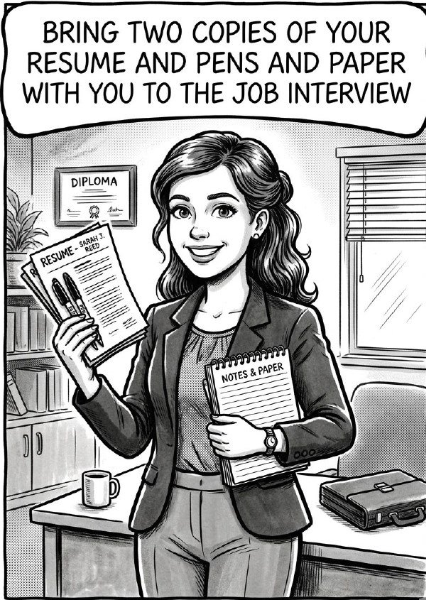 Cartoon panel showing a job candidate answering questions across the table from an interviewer.