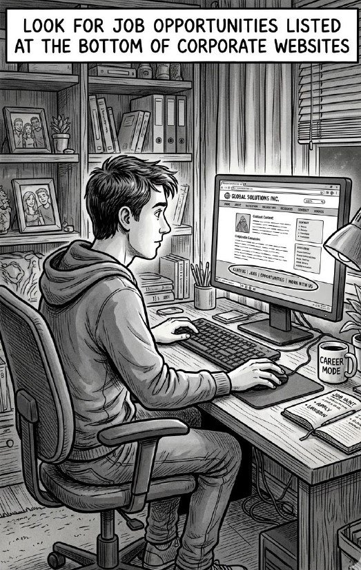 Cartoon panel of a young man at a computer, with advice to look for job opportunities listed at the bottom of corporate websites.
