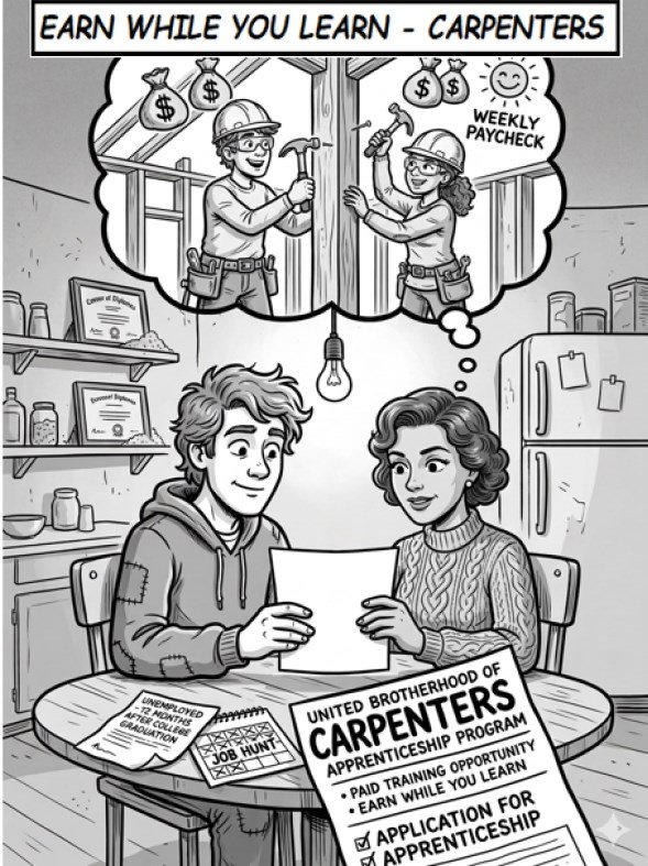 Cartoon page titled Earn While You Learn - Carpenters, showing a graduate and his mother reviewing a carpenters apprenticeship application at a kitchen table.
